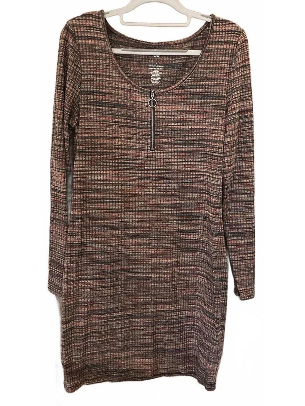 SO Womens ZIP Neck Long Sleeve ribbed Stretchy Round Neck Dress Size L
